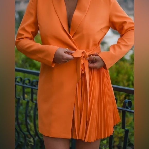 Orange Pleated Blazer Party Brunch Vacation Wedding Guest Dress - Picture 5 of 9